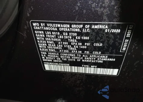 2020 Volkswagen Atlas 3.6L V6 Se/3.6L V6 Se W/Technology R-Line from USA, damaged, VIN 1V2LR2CA5LC503298